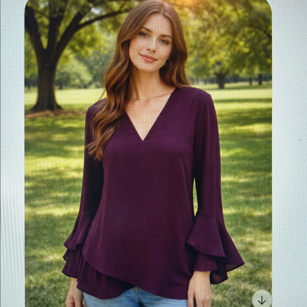 XL Karen Kane Plum (rich color)Layered Ruffle V-Neck Blouse